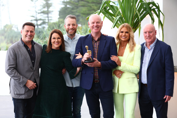 Six of this year’s seven Gold Logie nominees (l-r): Karl Stefanovic, Julia Morris, Hamish Blake, Tom Gleeson, Sonia Kruger and Ray Meagher. Absent: Melissa Leong.