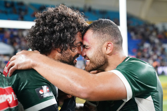 Dylan Walker (right) celebrates the Maori All Stars win with Adam Blair last month.