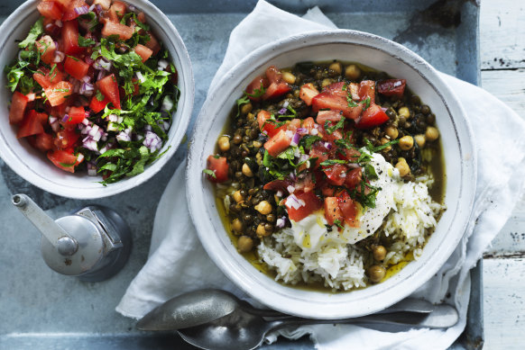 Chickpea and green lentil curry with spinach.