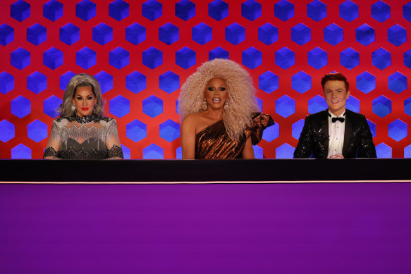 RuPaul’s Drag Race Down Under judges Michelle Visage, RuPaul and Rhys Nicholson.