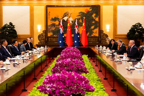 Prime Minister Anthony Albanese, right, speaks with Chinese President Xi Jinping in Beijing.