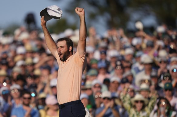 Scottie Scheffler celebrates his win at the US Masters.