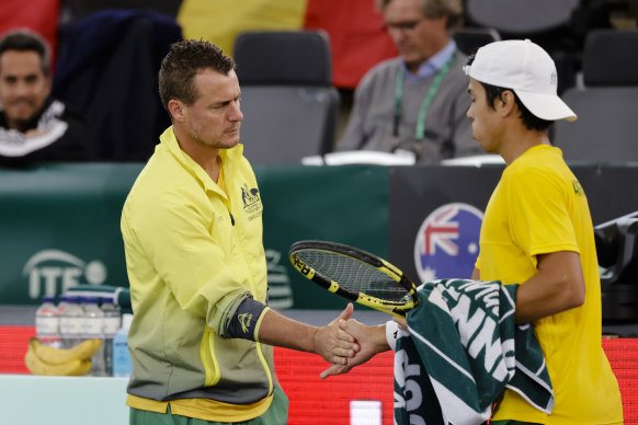 Australian Davis Cup captain Lleyton Hewitt congratulates Jason Kubler on his maiden singles win.