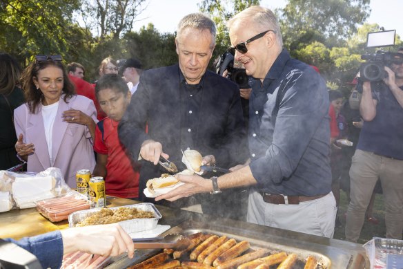 Labor’s current and former leaders - Bill Shorten, and Anthony Albanese - at a barbecue with party supporters in the lead-up to the May federal election.