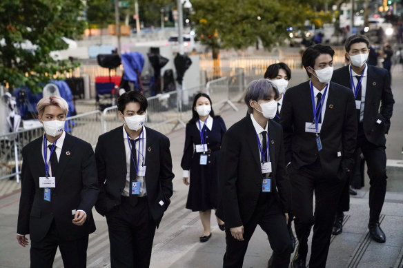 Members of the South Korean band BTS arrive at the United Nations headquarters.