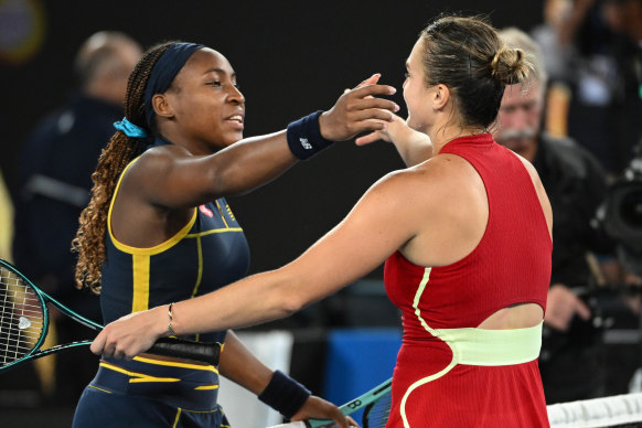 Coco Gauff and Aryna Sabalenka embrace after their semi-final match. 