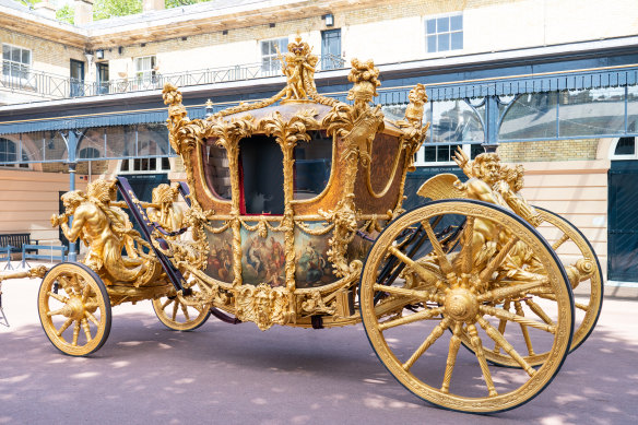 The gold State Coach has been used  by Britain’s monarchs for more than two centuries for grand pageants. 