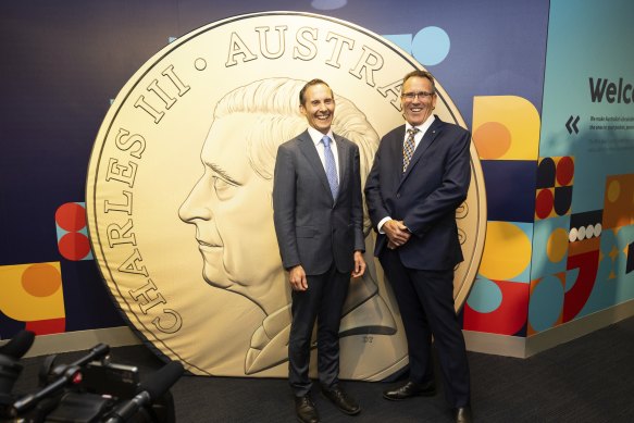 Assistant Minister for Competition, Charities and Treasury Andrew Leigh and Royal Australian Mint boss Leigh Gordon.