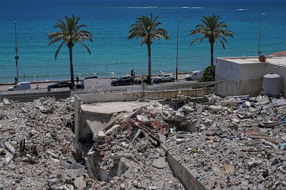 Buildings destroyed in Israeli strikes along the waterfront in the southern port city of Tyre, Lebanon.