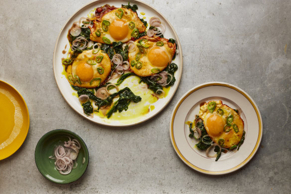 Turmeric fried eggs with tamarind dressing from ‘Extra Good Things,  from the Ottolenghi Test Kitchen’, by  By Noor Murad and Yotam Ottolenghi.