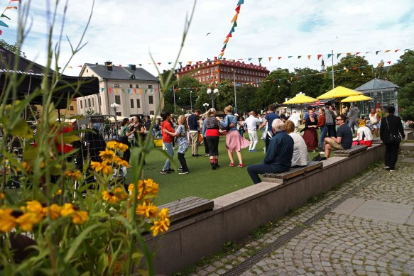 Crowds at the Medborgarplatsen in Stockholm, Sweden.