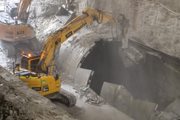Excavators breaking through at the bottom of the Metro at Sydney’s Central Station. 