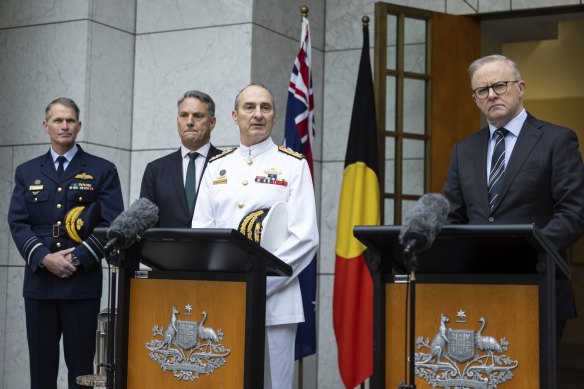 Vice Admiral David Johnston, centre, is announced as the new Defence Force chief, with Air Marshal Robert Chipman, Defence Minister Richard Marles, and Prime Minister Anthony Albanese.