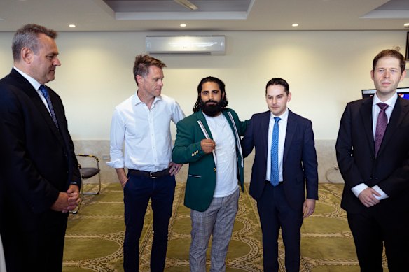 Bayside Mayor Ed McDougall (far right) at an interfaith meeting at Masjid Al-Hidayah in Rockdale with Steve Kamper (left) and Premier Chris Minns (second left) last year. 