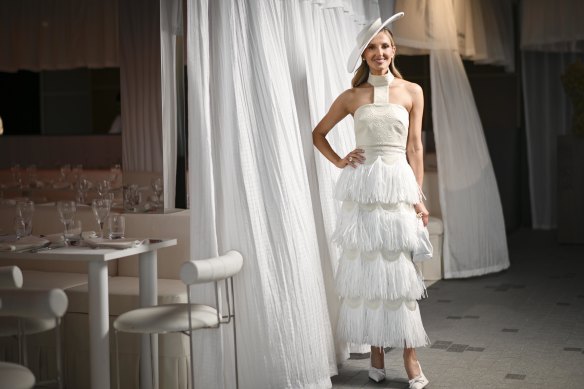 Fringe benefits: Kate Waterhouse wearing Scanlan Theodore in the Landmark by Lexus marquee.