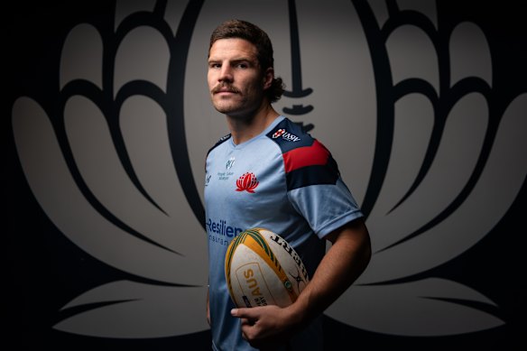 The Waratahs’ new signing Max Burey, posing at the NSW Rugby headquarters.