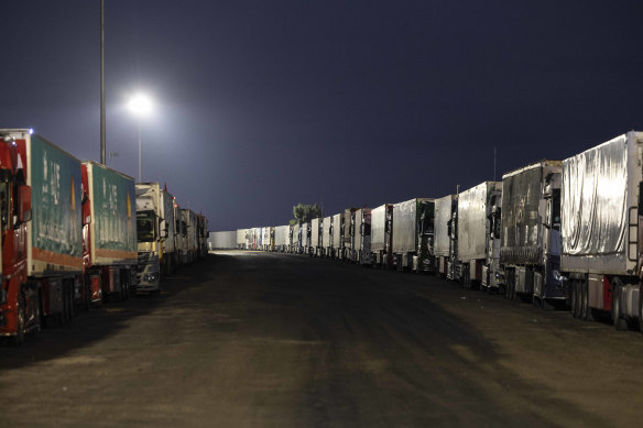 A convoy of air trucks waits near Rafah, on the Egyptian border with Gaza.