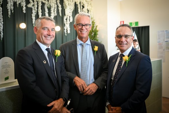 From left: Brett Chenoweth, David Gallop and John Lee at the Tabcorp marquee at the Birdcage. 