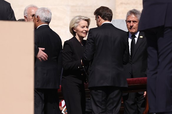 European Commission President Ursula von der Leyen pictured at the Pope’s funeral, speaking with French President Emmanuel Macron.