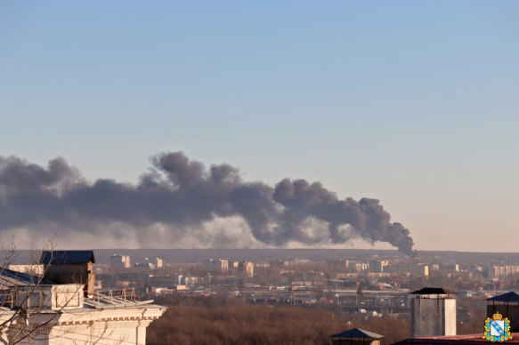 Smoke rises from the area of Kursk airport outside Kursk, Russia.