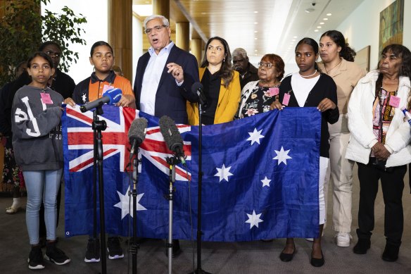 Price appears with Nyunggai Warren Mundine at a press conference at Parliament House in March.