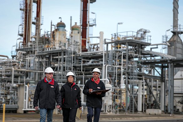 Coogee Chemicals team leader Sergio Uliana, process engineer Mindy Zhu and production manager Vithal Ravavarapu at the mothballed chemical plant in Laverton.