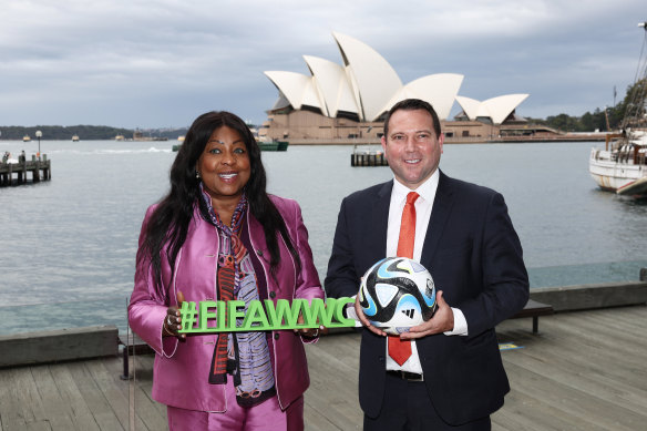 FIFA secretary-general Fatma Samoura with Football Australia chief James Johnson on Monday.