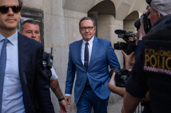 Actor Kevin Spacey leaves the Central Criminal Court in London on Thursday.