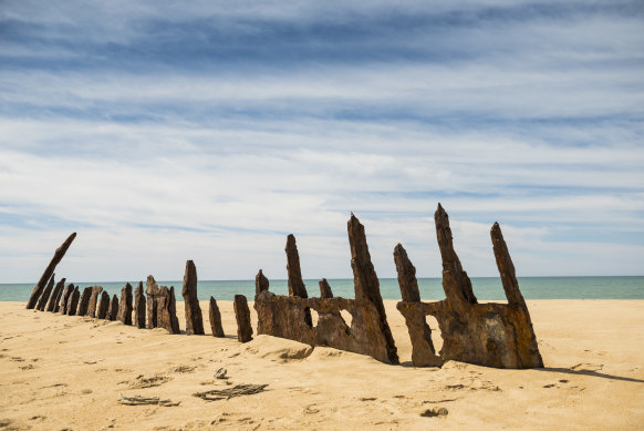 Remnants of the Trinculo shipwreck on Gippsland’s Golden Beach.