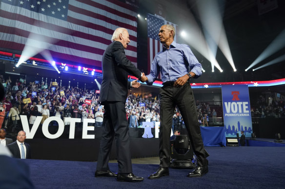 President Joe Biden and former president Barack Obama at a campaign rally in Philadelphia.