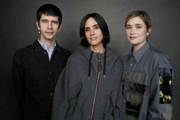 Connelly (centre) with co-stars Ben Whishaw and Alice Englert, who also wrote and directed the film, at Sundance in January.