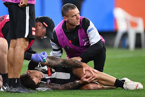 The horror knee injury suffered by Jamie Elliott put a late dampener on the Collingwood celebration.