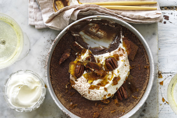 Baked chocolate custard with pecan brittle.