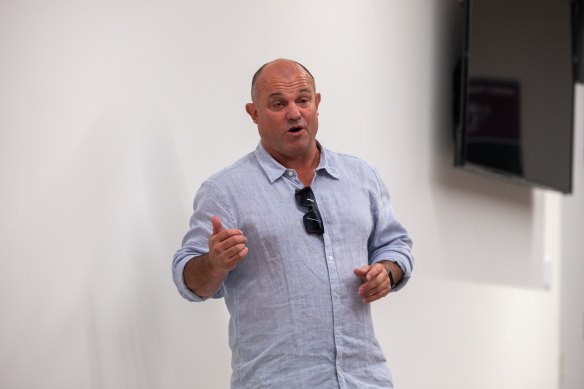 Craig Field addresses the Manly players on Tuesday.