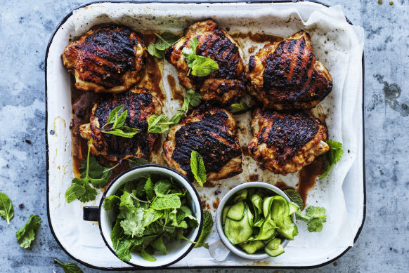 Spicy miso barbecued chicken with pickled cucumber.