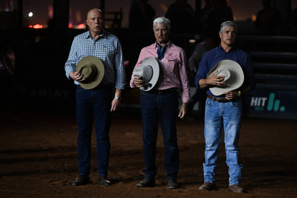 Peter Dutton with federal member for Kennedy Bob Katter and Katter’s son, Queensland state member for Traeger Robbie Katter, at the Mount Isa Mines Rodeo.