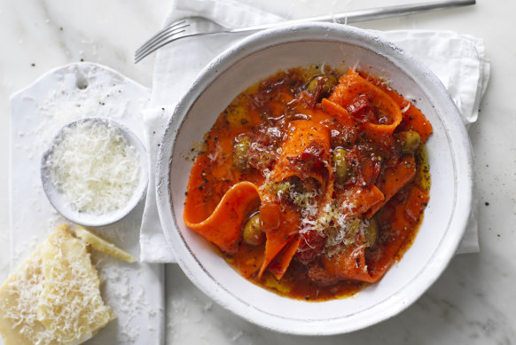 Carrot pappardelle with tomato and chilli.