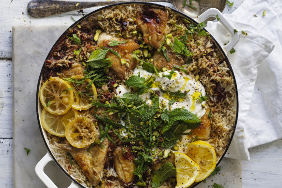 Persian chicken with rice, pistachio & mint