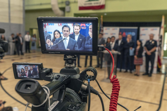 Alberto Carvalho, Superintendent, Los Angeles Unified School District, the nation’s second-largest school district, at podium, takes questions about a cyberattack on the LAUSD information systems during the Labor Day weekend.