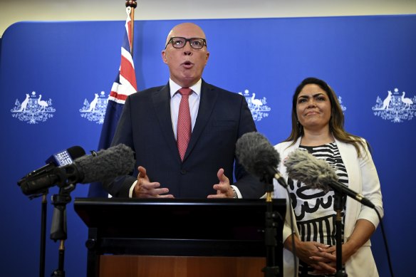 Critics of the Coalition will push for history to remember Opposition Leader Peter Dutton, pictured with Senator Jacinta Nampijinpa Price on referendum night, as a wrecker.