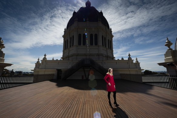 Dr Michelle Stevenson at the Royal Exhibition Building Dome Promenade, which opens for tours at the end of the month, allowing a view of the city unseen for a century. 