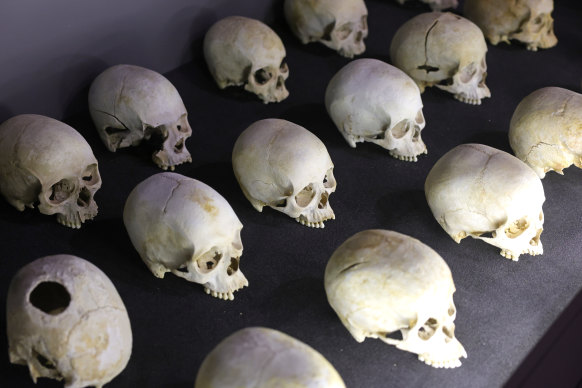 Skulls on display at the Kigali Memorial for Victims of the 1994 Rwandan genocide.