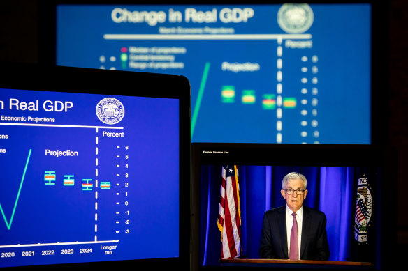 Jerome Powell, chairman of the United States Federal Reserve, speaks during a livestreamed news conference on Wednesday (US time).