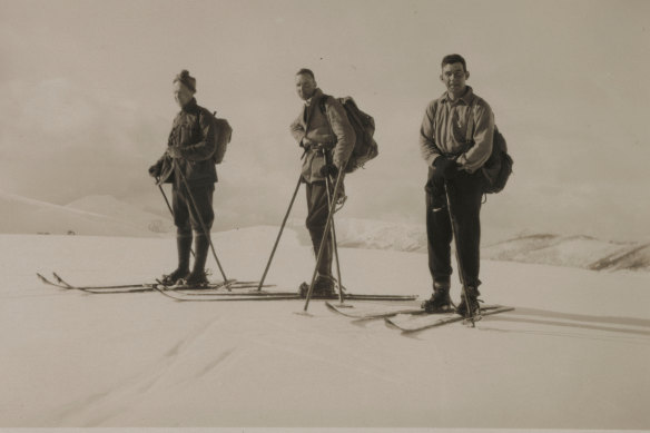 Gerald Rush, at right, Ted Tyler, centre, and one other on a ski trip in the 1930s.