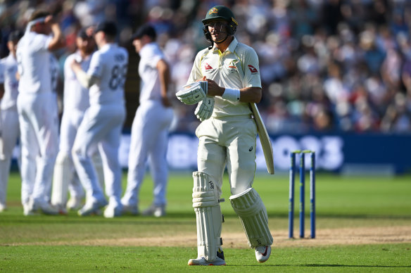 Marnus Labuschagne trudges off after failing to make an impact in the second dig at Edgbaston.