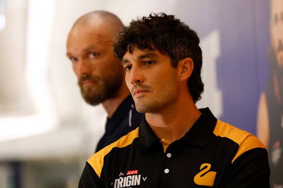 Max Gawn and Tom Barrass at Perth Airport on Wednesday.