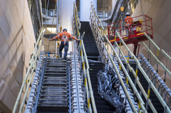 The escalators to and from the new metro platforms at Central Station.