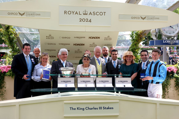 Trainer Henry Dwyer (far left) with Asfoora’s connections and the King after the horse’s win at Royal Ascot.