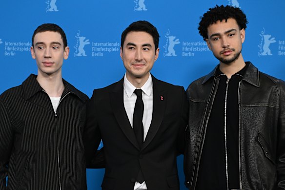 (From left) Théodore Pellerin, director Alex Russell and Archie Madekwe.