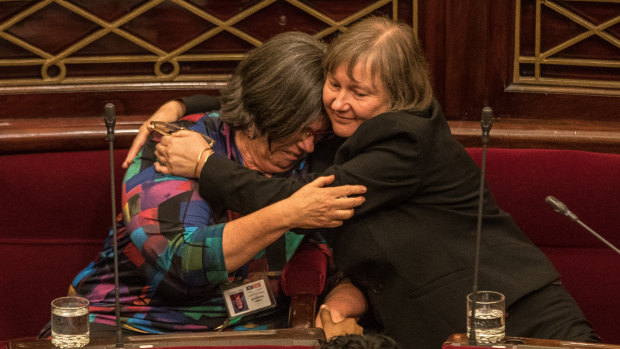 Ms Hartland with fellow Green  Samantha Dunn after the Upper House's marathon 29-hour sitting to pass the Voluntary Assisted Dying Bill in November last year.